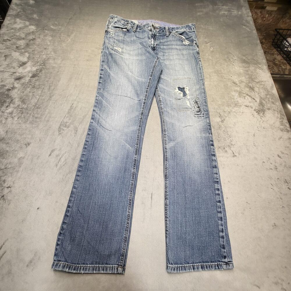 Gap 1969 Jeans Womens 10 Blue Med Wash Straight Distressed Stretch Destructed